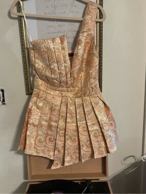 Girls' Peach Pink Gold Brocade One-Shoulder Party Dress size m